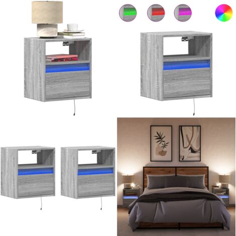 Comodini a Parete con luci LED 2 pz Grigio Sonoma - Luci LED - Arredamento camera da letto