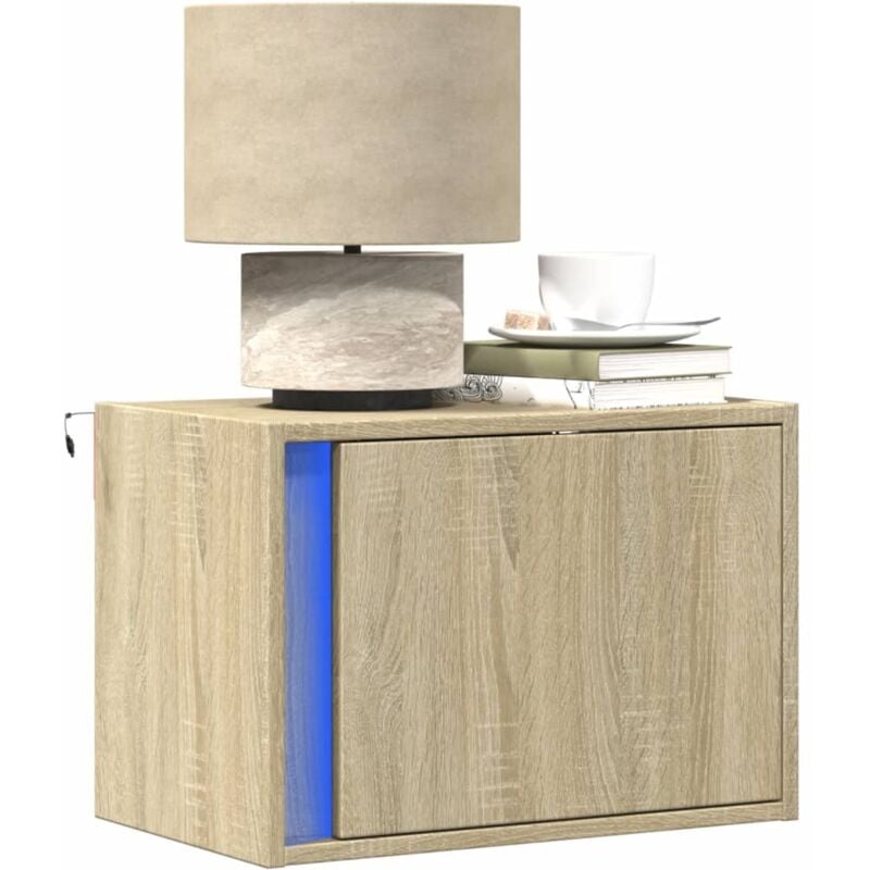 Comodini a Parete con luci led 2 pz Rovere Sonoma