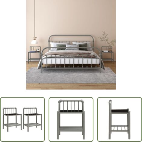 Comodini -  Comodini 2 pz Grigio e Nero in Metallo e Vetro