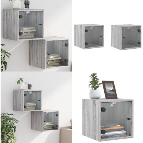 Comodini con Ante in Vetro 2pz Grigio Sonoma 35x37x35 cm - Comodini in vetro - Comodini con ante in vetro