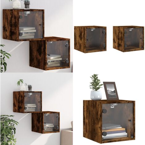 Comodini con Ante in Vetro 2pz Rovere Fumo 35x37x35 cm - Comodini in vetro - Comodini con ante