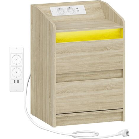Comodini con Luci a LED, Stazione di Ricarica e 2 Cassetti, Tavolino da Notte con Porte USB e Prese di Corrente, Ideale per Soggiorno e Camera da Letto, Quercia Chiaro