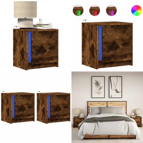 Comodini con Luci LED 2pz Rovere Fumo in Legno Multistrato - Comodini in legno multistrato - Comodini con cassetto