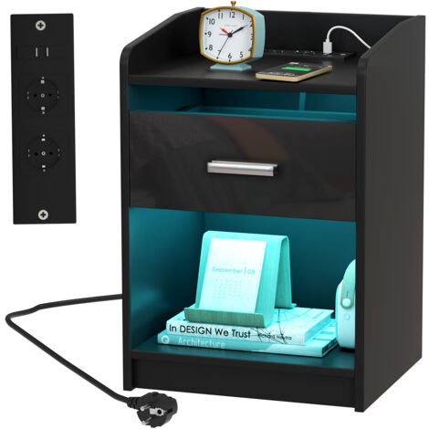 Comodini Haloyo®, Tavolino Laterale con Stazione di Ricarica, Comodino con LED, con Cassetto, Maniglia, Scomparto Aperto, 40x35x58cm, Nero