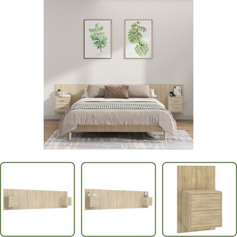 Comodini in legno -  Testiera Letto con Comodini in Legno Multistrato Rovere Sonoma