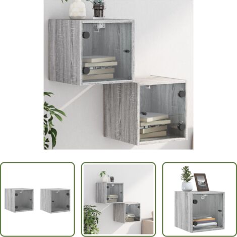 Comodini in vetro -  Comodini con Ante in Vetro 2pz Grigio Sonoma 35x37x35 cm