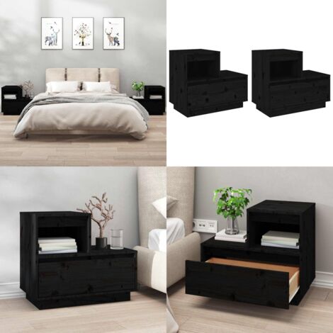 Comodini Neri 2 pz 60x34x51 cm in Legno Massello di Pino - Comodino nero - Comodino in pino