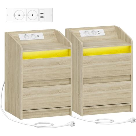 Comodini set di 2 con Luci a LED, Stazione di Ricarica e 2 Cassetti, Tavolino da Notte con Porte USB e Prese di Corrente, Ideale per Soggiorno e Camera da Letto, Quercia Chiaro