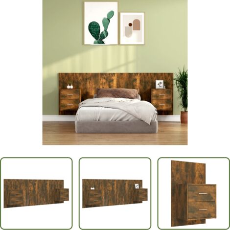 Comodini -  Testiera Letto con Comodini in Legno Multistrato Rovere Fumo