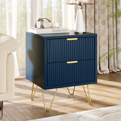 Comodino 1 pz - 2 cassetti - 40x35,5x50 cm - Blu notte e gambe a spillo dorate - Stile moderno scanalato