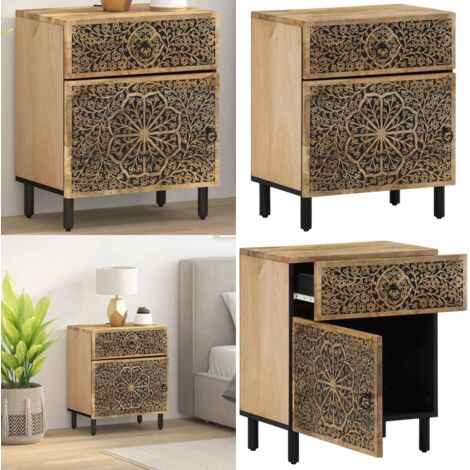 Comodino 50x33x60 cm in Legno Massello di Mango - Comodino retro - Comodino con cassetto