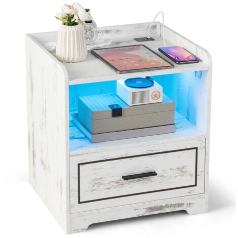 Comodino a LED con 2 porte USB ripiano aperto e cassetto Tavolino vintage Bianco