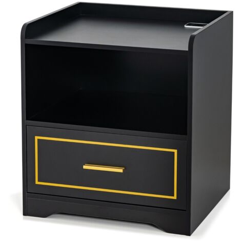 Comodino a LED con 2 porte USB ripiano aperto e cassetto Tavolino vintage Nero