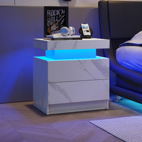 Comodino a LED con illuminazione d'accento moderna e 2 cassetti per camera da letto (pietra bianca)