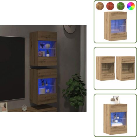 Comodino a muro - vidaXL Mobili da parete con luci LED per TV 2pz Rovere Artigianale 40x30x60,5cm - Armadio a parete