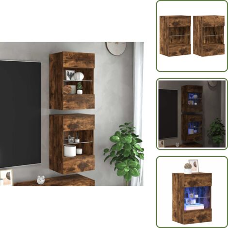 Comodino a muro - vidaXL Mobili da parete con luci LED per TV 2pz Rovere Fumo 40x30x60,5 cm - Ripiano in vetro