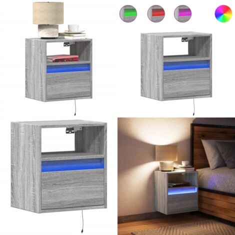 Comodino a Parete con luci LED Grigio Sonoma - Comodino con luci rgb - Comodino a parete con cassetto