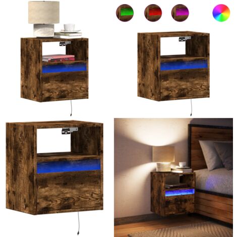 Comodino a Parete con luci LED Rovere Fumo - Comodino con luci rgb - Comodino con cassetto