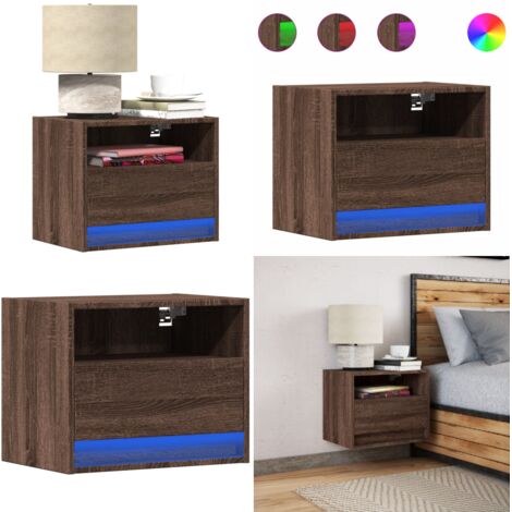 Comodino a Parete con luci LED Rovere Marrone - Comodino con luci rgb - Comodino a parete con cassetto