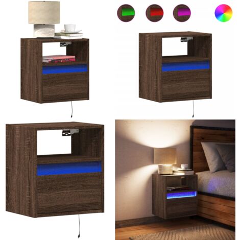 Comodino a Parete con luci LED Rovere Marrone - Comodino con luci RGB - Comodino a parete salvaspazio