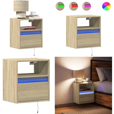 Comodino a Parete con luci LED Rovere Sonoma - Comodino con luci rgb - Comodino a parete con cassetto