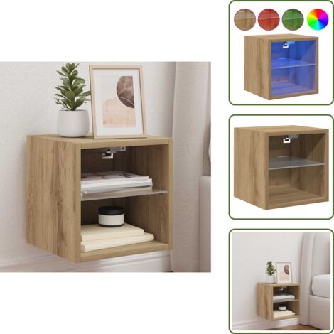 Comodino a parete - vidaXL Mobile TV a Parete con Luci LED Rovere Artigianale 30x28,5x30cm - Ripiano in vetro