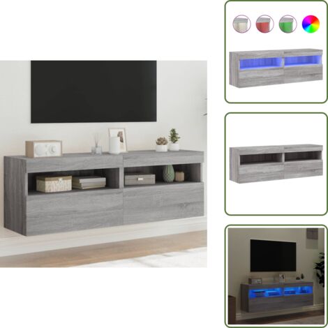 Comodino a parete - vidaXL Mobili TV a Parete con Luci LED 2pz Grigio Sonoma 60x30x40 cm - Mobile porta TV