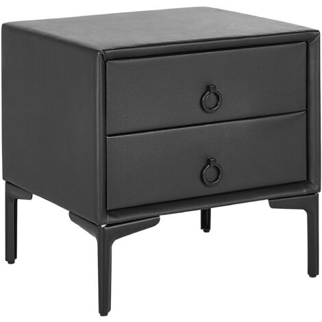 Comodino con 2 Cassetti in Pelle Sintetica Nero e Gambe in Metallo Sezanne