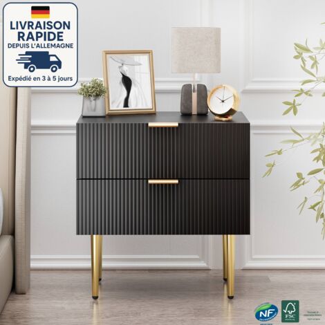 Comodino con 2 cassetti - Moderno - Gambe in metallo - Divano multiuso e tavolino - Legno certificato PEFC - Nero