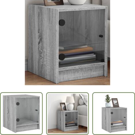 Comodino con anta in vetro -  Comodino con Anta in Vetro Grigio Sonoma 35x37x42 cm