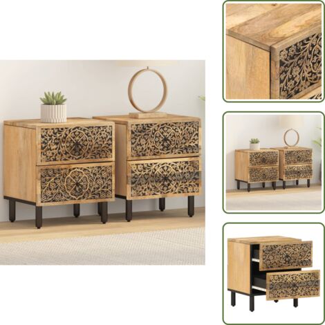 Comodino con cassetti - vidaXL Comodini 2pz 40x33x46 cm in Legno Massello di Mango - Comodino in ferro