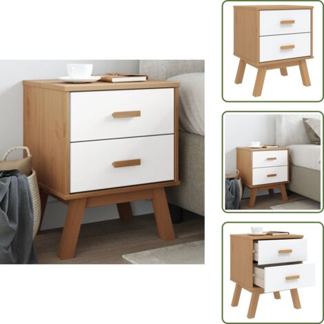 Comodino con cassetti - vidaXL Comodino OLDEN Bianco e Marrone in Legno Massello di Pino - Comodino con piedini in legno