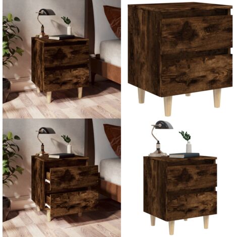 Comodino con Gambe in Legno Massello Rovere Fumo 40x35x50 cm - Comodino in legno - Comodino con cassetti