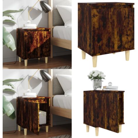 Comodino con Gambe in Legno Massello Rovere Fumo 40x35x50 cm - Comodino scandinavo - Comodino con gambe in legno
