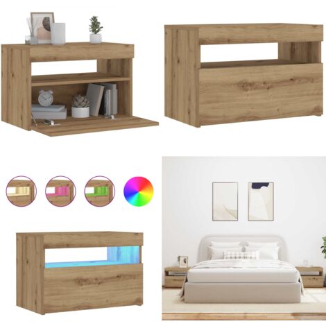 Comodino con LED Rovere Artigianale 60x35x40 cm in Truciolato - Armadio con luci RGB - Comodino in truciolato