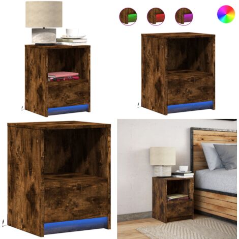 Comodino con Luci LED Rovere Fumo in Legno Multistrato - Comodino in legno multistrato - Comodino con cassetto