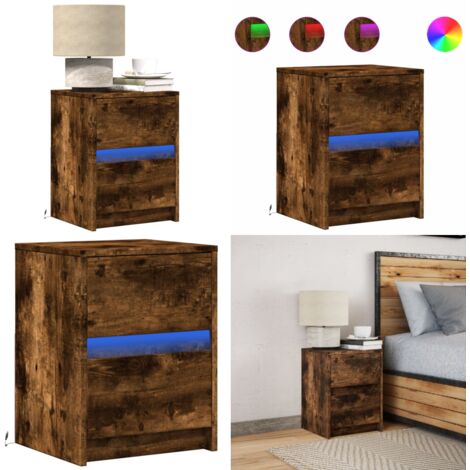 Comodino con Luci LED Rovere Fumo in Legno Multistrato - Comodino in legno multistrato - Comodino con cassetto
