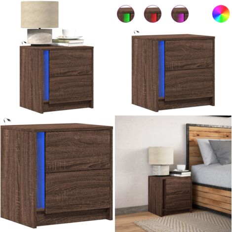 Comodino con Luci LED Rovere Marrone in Legno Multistrato - Comodino in legno multistrato - Comodino con cassetto