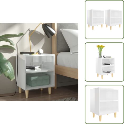 Comodino con ripiani - vidaXL Comodini Gambe in Legno Massello 2pz Bianco Lucido 40x30x50 cm -