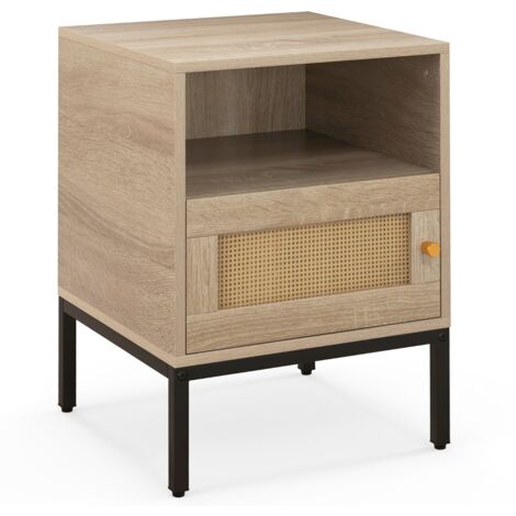Comodino con spazio di stoccaggio ripiano aperto e armadietto con porta Tavolino bohemien in rattan Naturale