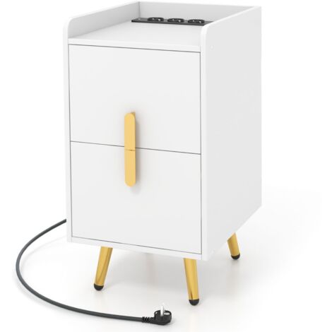 Comodino con stazione di ricarica 2 cassetti Tavolini da letto divano gambe in metallo 2 porte USB 3 prese Bianco