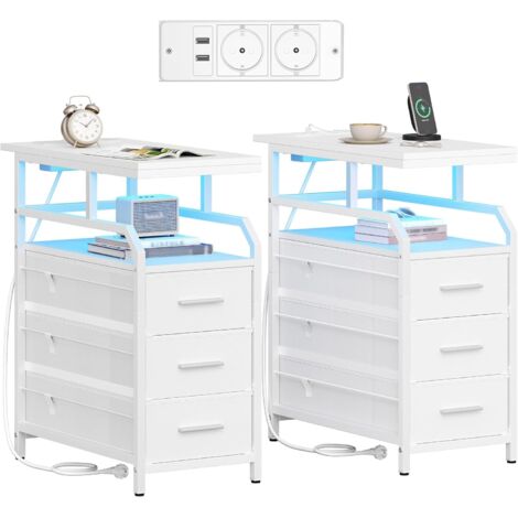 Comodino con Stazione di Ricarica, Set di 2, Tavolino Stretto con Luce, Comodino con 3 Cassetti e Spazio Aperto, per Camera da Letto, Soggiorno, Bianco Moderno