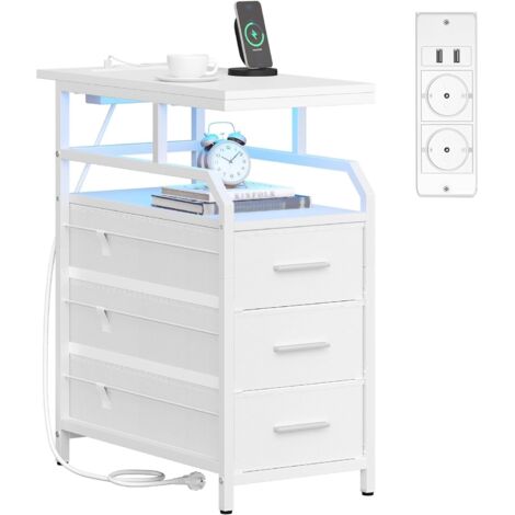 Comodino con Stazione di Ricarica, Tavolino Stretto con Luce, Comodino con 3 Cassetti e Spazio Aperto, per Camera da Letto, Soggiorno, Bianco Moderno