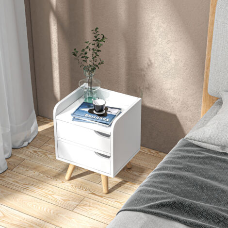 Comodino da Camera da Letto Salvaspazio, Moderno Comodino con 2 Cassetti, Design Semplice, Legno Bianco, Piedini in Legno di Pino, 33 x 28 x 42cm, Bianco