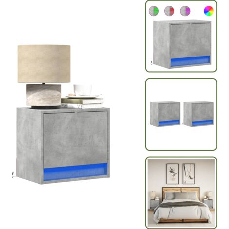 Comodino da camera da letto - vidaXL Comodini a Parete con Luci LED 2 pz Grigio Cemento - Comodino con cassetto