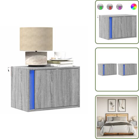 Comodino da camera da letto - vidaXL Comodini a Parete con luci LED 2 pz Grigio Sonoma - Comodino con cassetto