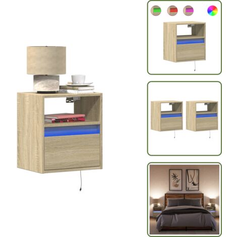Comodino da camera da letto - vidaXL Comodini a Parete con luci LED 2 pz Rovere Sonoma - Comodino con cassetti