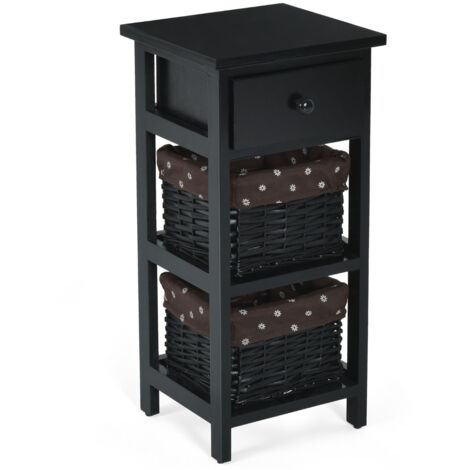 Comodino di legno con 3 livelli Tavolino moderno con 1 cassetto e 2 cesti Nero
