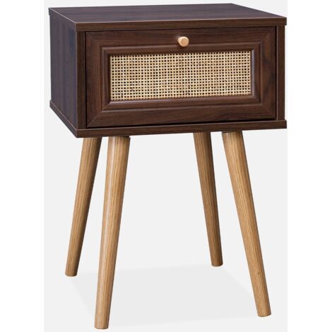Comodino effetto legno e intrecciatura cannage, 1 cassetto