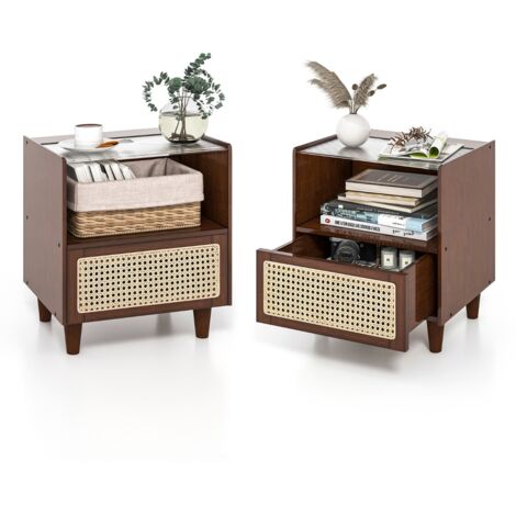 Comodino in bambù e rattan con cassetto e gambe in legno massello Tavolino da salotto boho 43x35x50cm Marrone 2 Pezzi